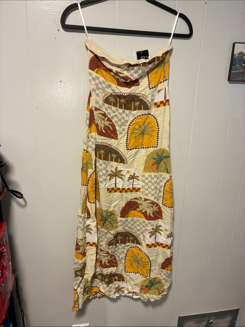 Cream Tropical Print Maxi Skirt with Mustard & Brown Accents